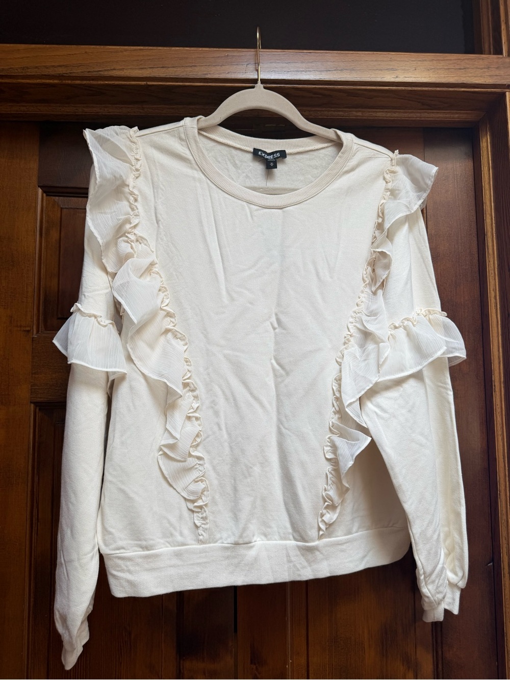 Express Ivory Mixed-Media Ruffle-Trim Long Sleeve Sweatshirt